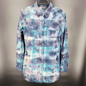 Miss Me Button Up Womens Blue Plaid Western Embroidered‎ Rhinestone Shirt Medium